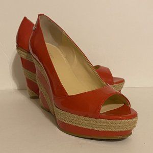 Calvin Klein Harlo Peep Toe Wedge Patent/Jute Sz 6